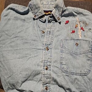 90s Peregrine Bay Jean Shirt Small Embriodered Bird Tree Cardinals Long Sleeve